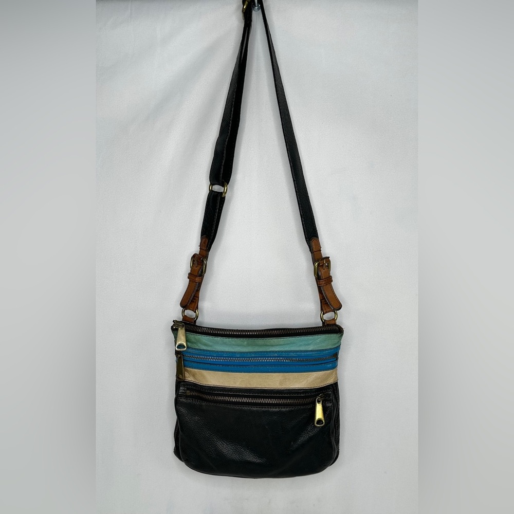 Vintage Fossil Crossbody Bag Triple Zippers‎ Adj Strap Distressed Leather Y2K
